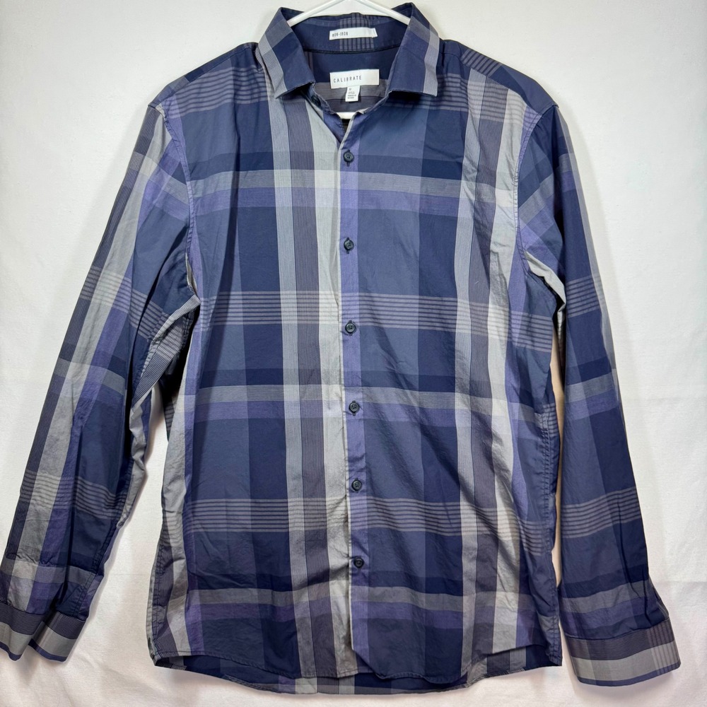Calibrate Non-Iron Shirt Plaid Button Up Long Sleeve‎ Modern Fit Blue Sz Medium